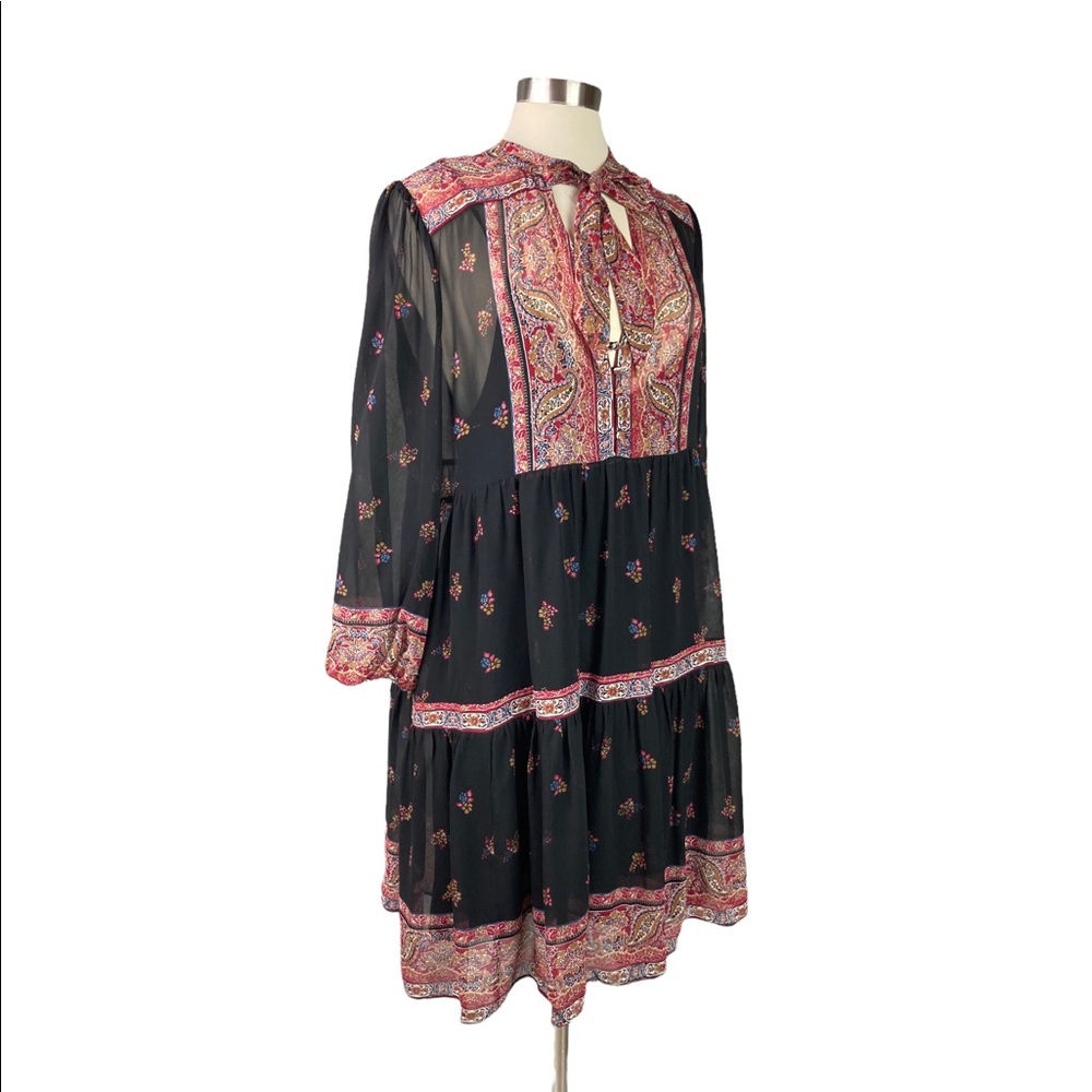 Joie L Black Paisley Sheer Tie Neck Tiered Dress Lined Peasant Boho Tassels